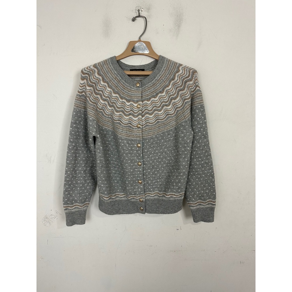 Ann Taylor Womens‎ Grey Fair Isle Polka Dot Cardigan Gold Button Sweater Large